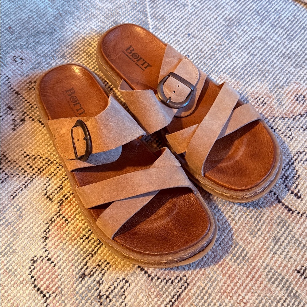 Born Beige Leather Slide Sandals